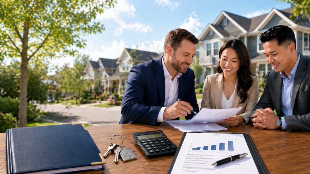 Three professionals in business attire review documents at an outdoor table in a sunny suburban neighborhood, with a calculator, chart, keys, and a binder nearby.