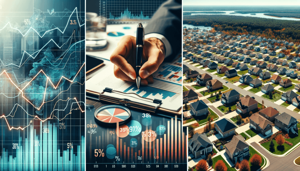 Left panel shows financial charts over a cityscape; middle panel a hand writing on reports with graphs; right panel an aerial view of a suburban neighborhood.