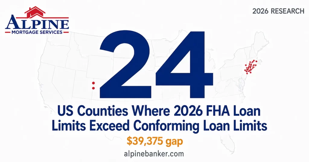 Infographic showing a large blue '24' over a U.S. map with red-highlighted counties; Alpine Mortgage Services logo top left; headline about 2026 FHA loan limits versus conforming limits and a $39,375 gap.
