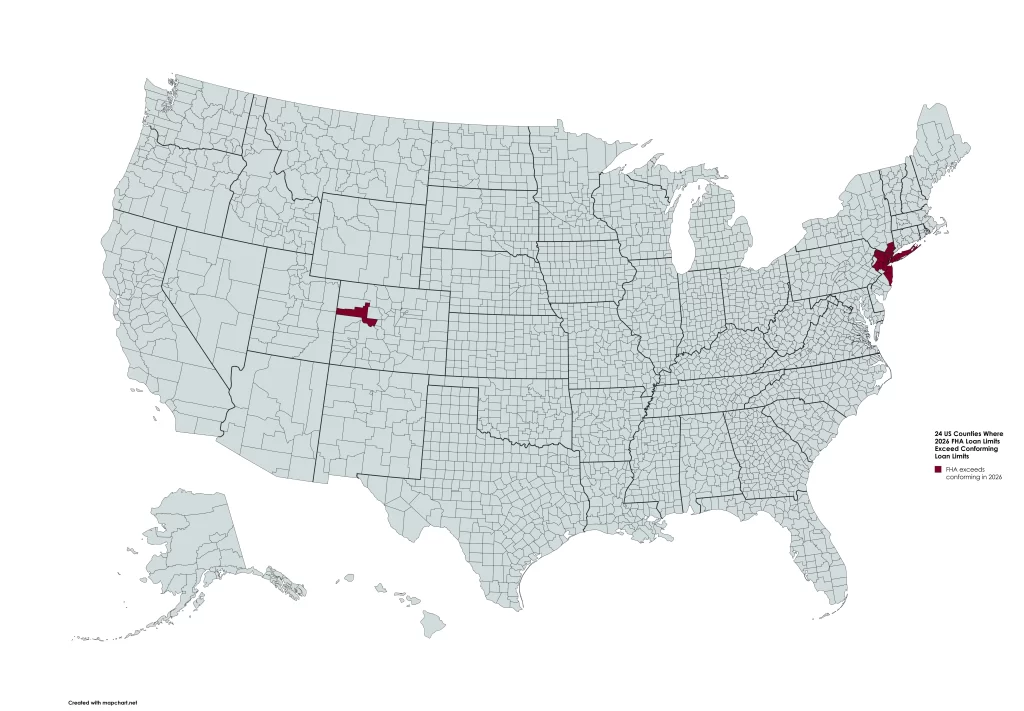 Map of the 24 US counties where 2026 FHA loan limits exceed conforming loan limits, with 22 counties concentrated in the New York City Metropolitan Area and 2 in western Colorado