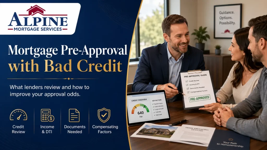 Alpine Mortgage Services banner reading 'Mortgage Pre-Approval with Bad Credit' next to a consultant presenting a pre-approval guide to clients.