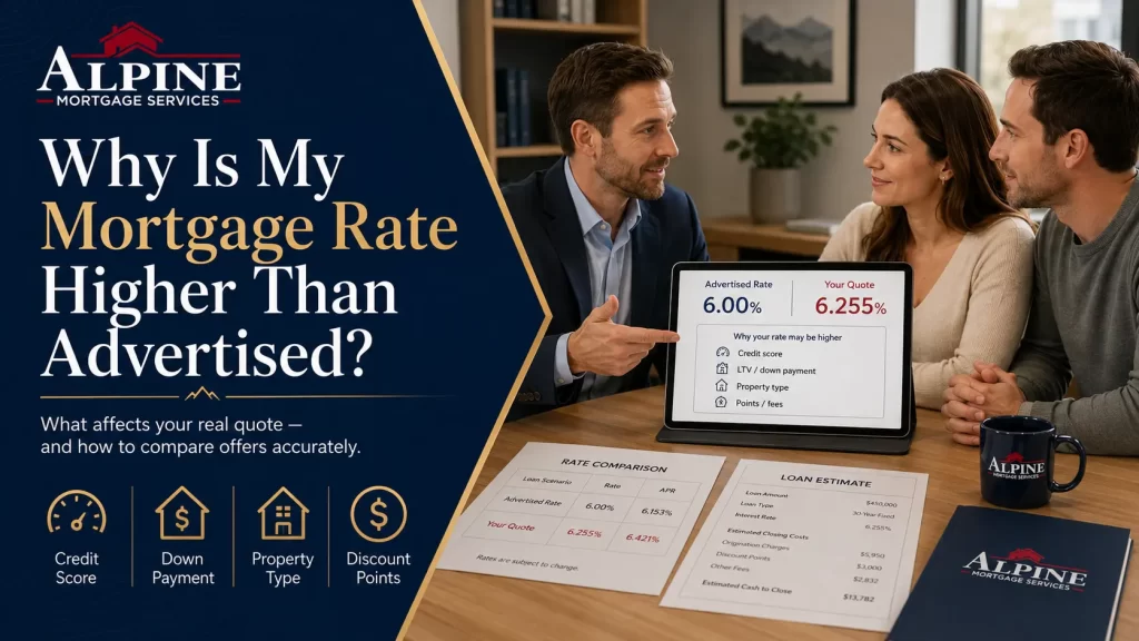 Banner for Alpine Mortgage Services explaining why mortgage rates can be higher than advertised, with rate-icons and a mock quote on a tablet.